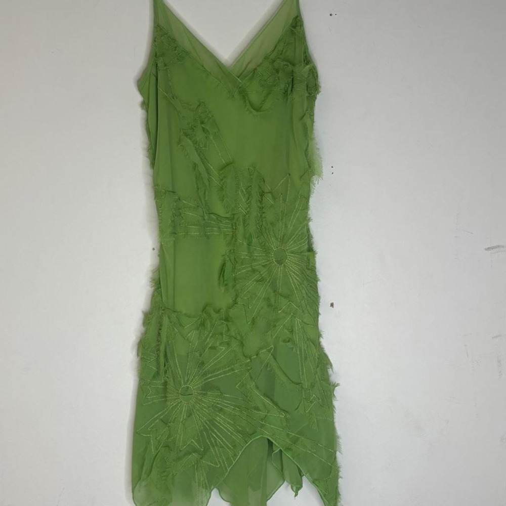 Vintage Made in USA Apple Green Fairycore Handkerchief Hem Dress Size L